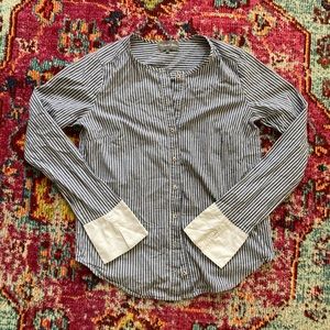 Michael Stars Blue & White Striped Collarless Button Down w/ Accent Cuff